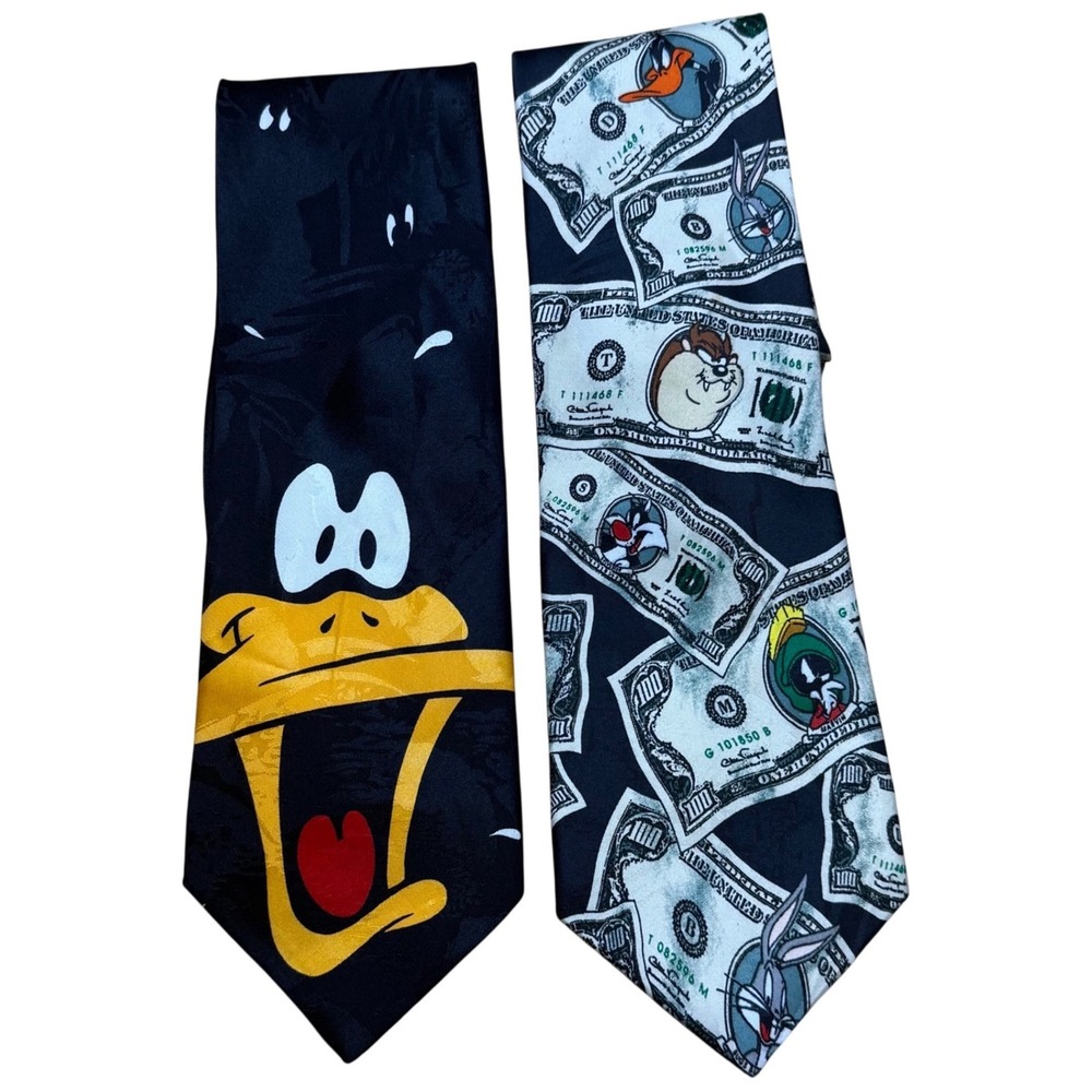 Looney‎ Tunes Mania Daffy Duck & Money Taz Bugs Sylvester Neckties Lot of 2 Vtg